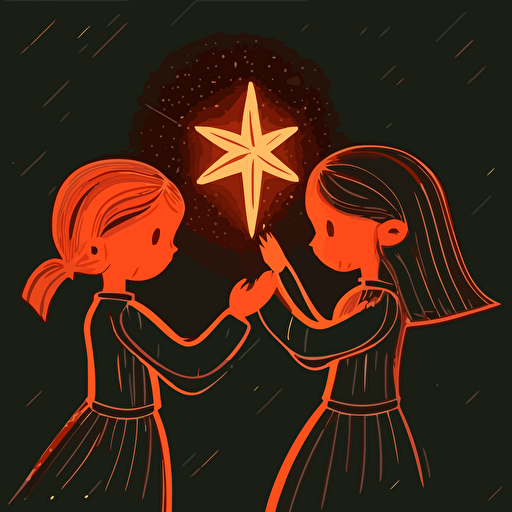 two young girls trying to touch a star, in vector style, 1:1, illustrator style