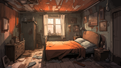 old decrepit orange old bedroom illustration, vector, 2d animation