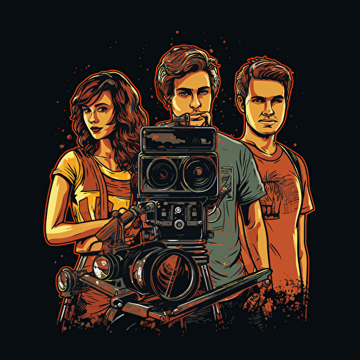 two girls and one guy making films. Vector style over black