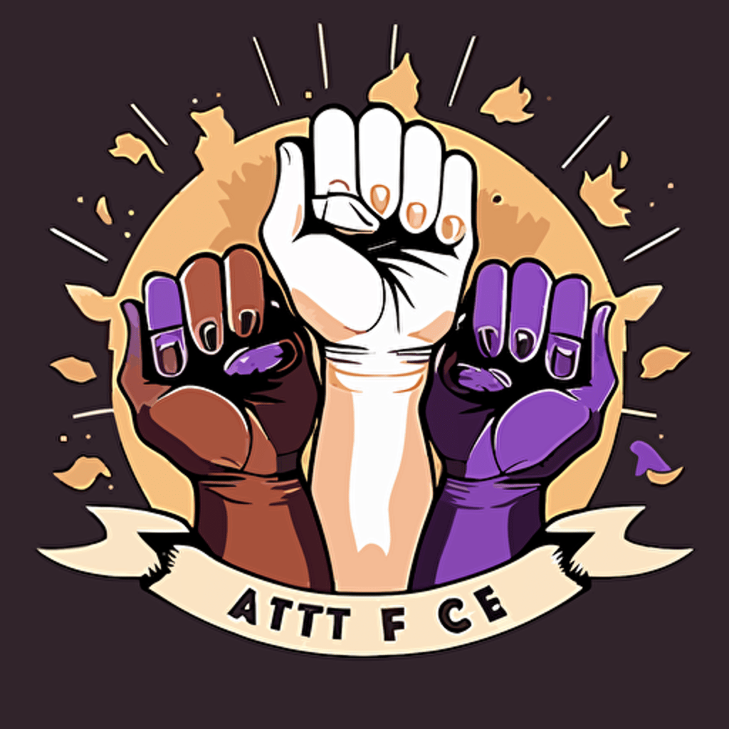 flat vector art, logo for book club, three cat paws in the air, white fist, brown fists, black fist, book, purple, magic