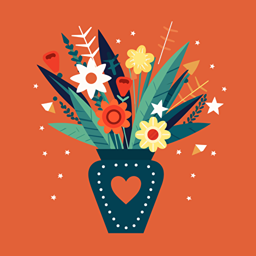 bouquet of Valentine's flowers in a vase decorated with the Texas star. Vase had a mysterious arrows in it in a vector art cartoon style, flat color, solid background
