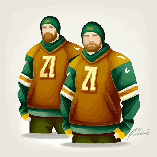two brothers, Brozen Tundra, very cold, icy, looking tough,champions, wearing green and yellow, wearing an oblong brown football, sports logo style, white background, vector