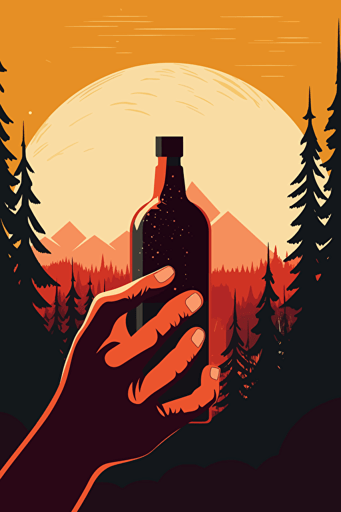 man's hand holding a bottle with liquid silhouette forest and mountains inside, 5 fingers on hand, hand raised up, vector, Tom Whalen style, warm colors
