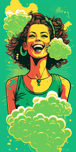 happy detailed ragga girl with thc vape clouds, light green background vibrant color, vector style pop art style_photo, warm_colors, minimalist::