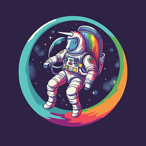 anthropomorphic unicorn in an astronaut riding a rainbow suit in space vector style. design in circle. transparent background