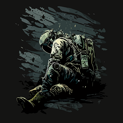 cod soldier shot at his back, bended body, dark background, vector