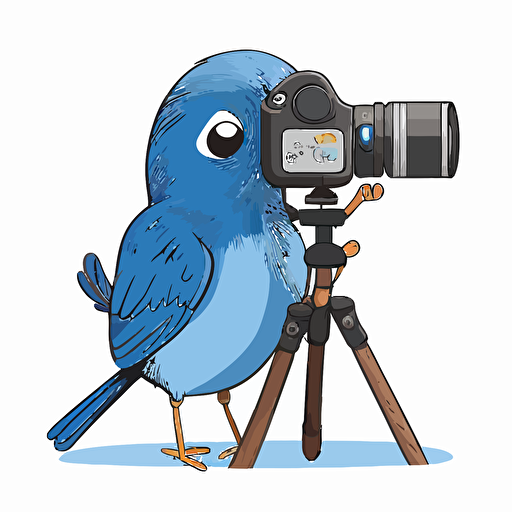 a cute apus apus taking photos with a wooden DSLR on a wooden tripod, vector image, simple, three color, blue, black, white