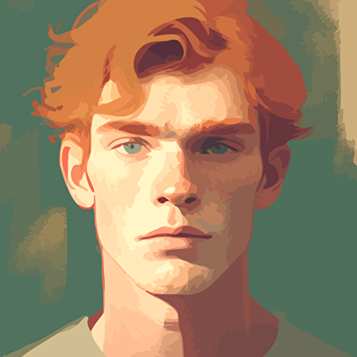 Young man, brown eyes, tapered strawberry blonde hair, no other distinctive features, focused stoic demeanor, athletic, meditation, headshot, muted colors, simplistic, vectorized