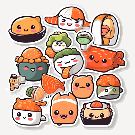 Cute Sushi, sticker, cartoon style, vector, White background,
