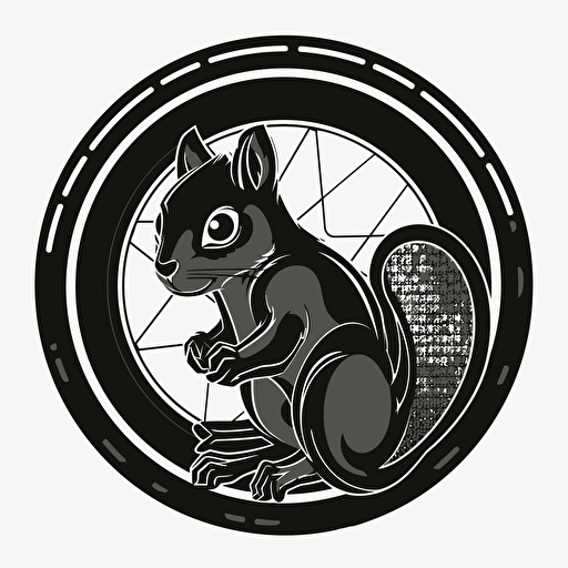 cyber punk black squirrel, vector, logo, white background, bicycle rim border, clipart style,
