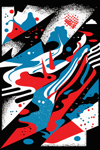 abstract hiking map, blue, red and white colors, pop art deco illustration, hand vector art, black background,