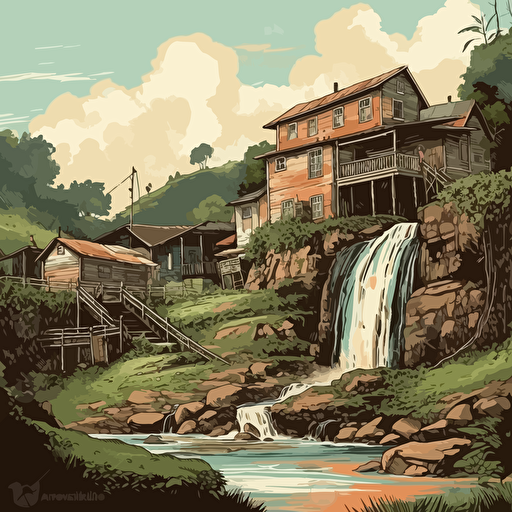rural scene, waterfall in background, two buildings, digital art, vector, detailed