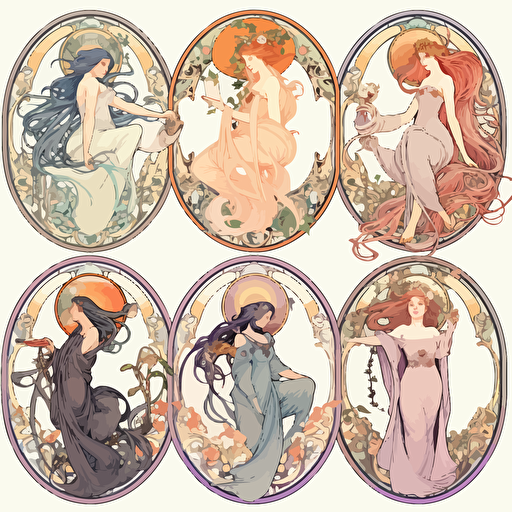witchy, collection, vector, clipart, white background, pastel shades, atmospheric, Alphonse Mucha style, artistic