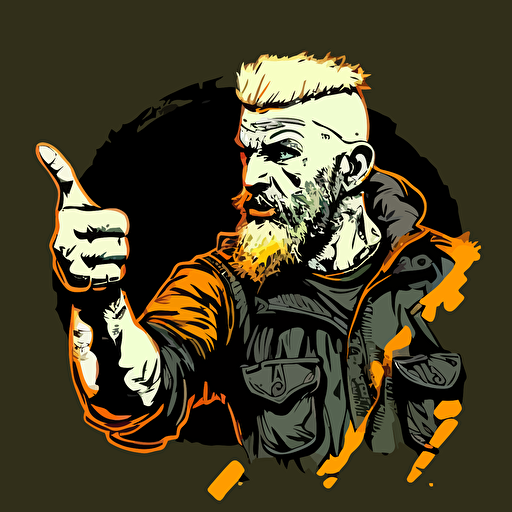 raving techno viking jacked with blonde hair and beard pointing with his finger wearing cargo pants, gta style drawing, vector art, hd, details