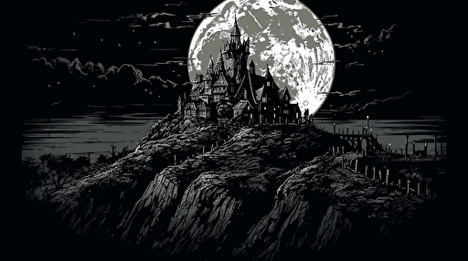 dark castle on a cliff against a full moon, sin city, comic book style, vector, illustration, inked