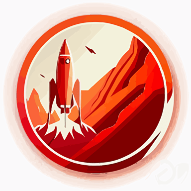 Rocket with semi-circles flame trail, minimalist design, red/white gradient, mountains silhouette in background, centered rocket, 2D vector icon