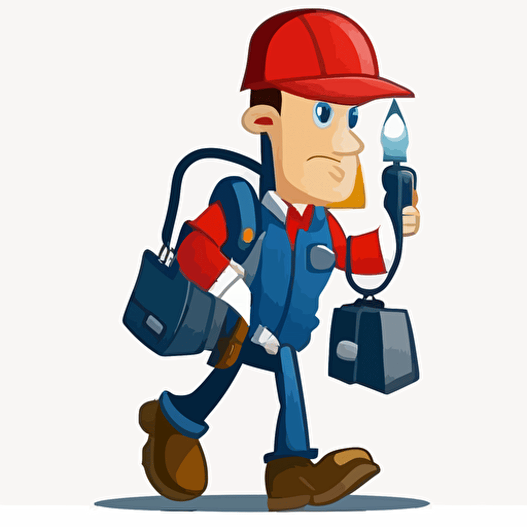 Vector cartoon of an engineer wearing a white hardhat, dark blue jacket, and work shoes, gripping a long flashlight, a red bag hanging from their arm. extreme simple, White Background. Vector cartoon.