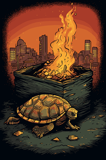 a scared and nervous turtle in front of a dumpsterfire, illustrated vector art, professional work,