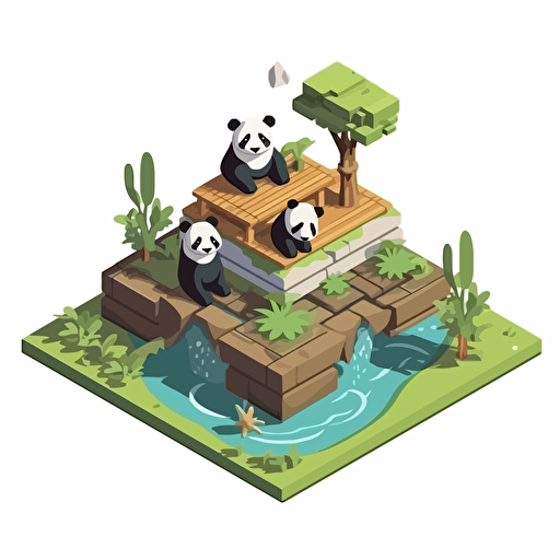 isometric cartoon vector style image of bamboo square platform with multiple pandas
