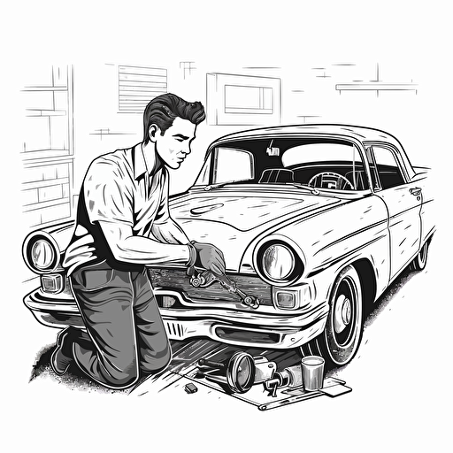 a guy working in his garage on restoring a classic car, black and white design, vector isolated on white