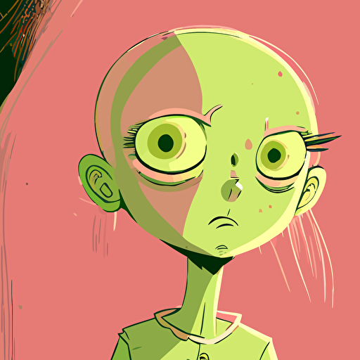 vector,pink,light green, bald girl, extremely big eyes