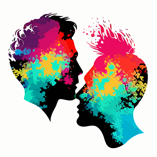 multi colourful pride inspired simple vector full silhouttes of two mens heads about to kiss