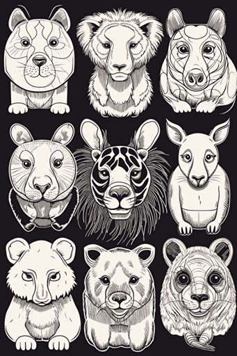 colouring book for kids, set different animals, cartoon style, vector, few details, no shadow, black and white