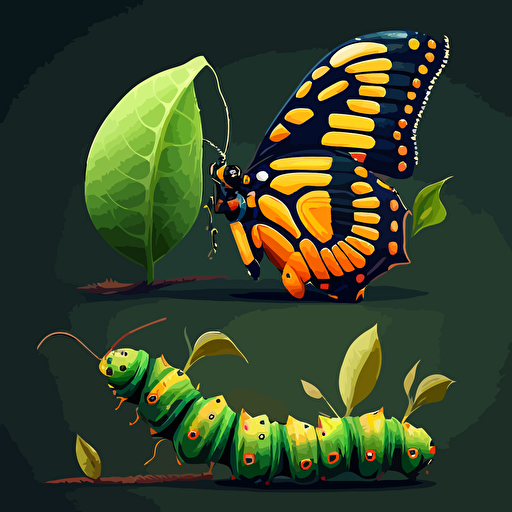 metamorphosis caterpillar transforms into butterfly, vector art, 2D, simple