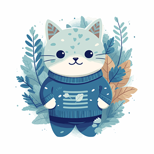 cute vector cat in a Blue sweater surrounded by plants