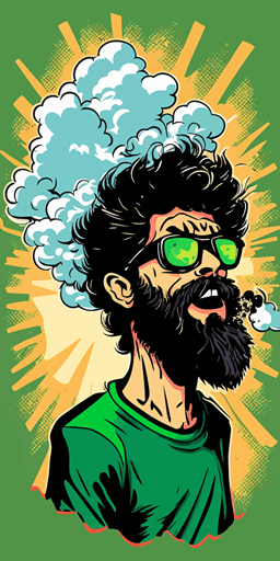 very happy man with sunglasses et a beard smoking sativa thc cloud vape, green background vibrant color vector style pop comics art style::