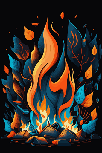 abstract campfire, orange and blue colors, pop art deco illustration, hand vector art, black background,