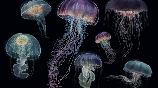 set of different jelly fish and mollusks set on black background stock vector illustration, in the style of franklin carmichael, mysterious seascapes, detailed painting, robert bissell, light emerald and indigo, ultrafine detail, depiction of animals