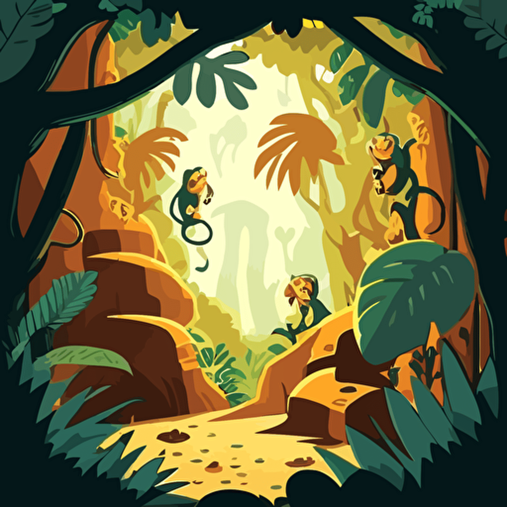 Jungle with monkeys. Vector image. Illustration to a children book. Flat colors.