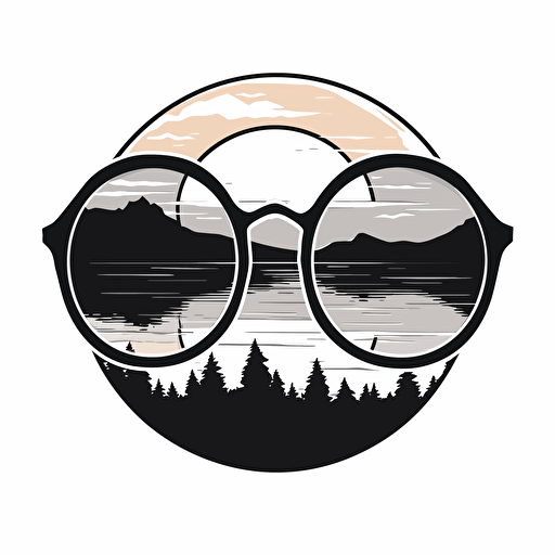 a sticker showing a pair of round sunglasses, without any other details around, and inside the sunglasses a sunset, in minimalistic vector style, black and white with white background