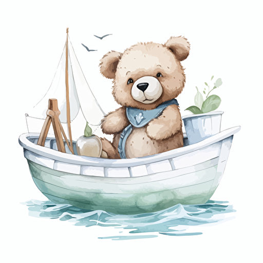 cute little teddy sitting next to a boat, vector, pastel colour, white background