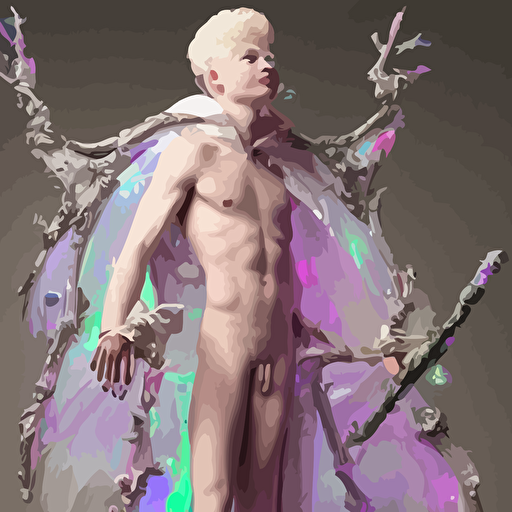 body rococo cyberpunk delicate neon crystalline sculpture young muscular albino prince sean mendez iridescent humanoid deity wearing thin  plastic hooded cloak holding human skull white castle dungeon reclining con las piernas abiertas glowing pink face crown pink lasers large blue diamonds swirling black silk fabric futuristic elements oozing glowing liquid length view space robots intricate artwork caravaggio trending artstation octane render cinematic lighting right hyper realism octane render 8k depth field 3d