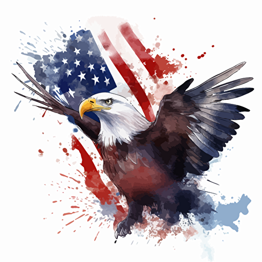 american flag eagle, detailed, cartoon style, 2d watercolor clipart vector, creative and imaginative, floral, hd, white background