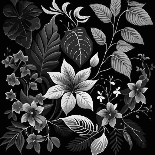 background design pattern leafs and flowers black and white, vector