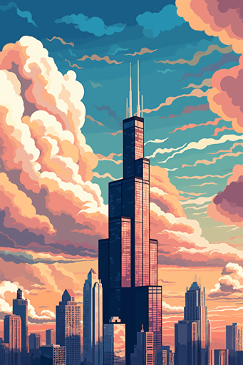 vector art, sears tower, clouds