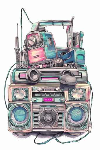 watercolor vector art, Boombox, inspired by Japanese color palettes, white background, depth, detailed
