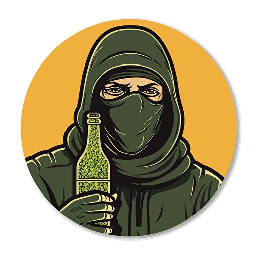 vector round sticker man 70's with balaclava and bottle in hand