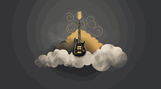 logo, minimalist, vectorized, gold, brass and grey colors, print layer , delicacy, elegant, magic, ethereal, rock guitar forming one big cloud ,