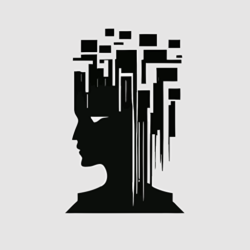 vector art, flat design , design me an all black minimalistic logo of a human head with no eyes that is dissolving into square pixels from the neck up by Paul Rand