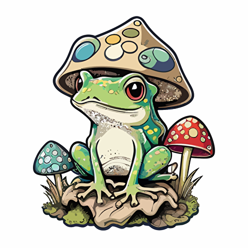 cute frog with toad stools, Sticker, Cute, Secondary Color, Retro, Contour, Vector, White Background, Detailed