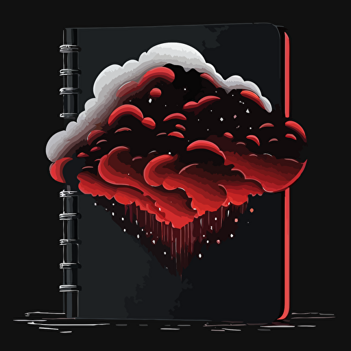 minimalist, vectorized, red and black colors, print layer , delicacy, a notebook inside one cloud, dark background