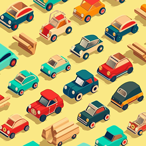 assorted group of wooden toy cars, korean style, isometric, pop art, flat art, vectorized