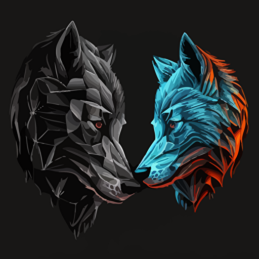 half soccer ball on the left side, half wolf head on the right side, vector image, black background