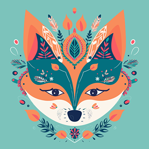 smiling fox, colorful, playful, vector style, bohemian style