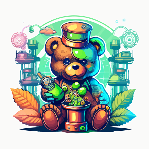 stoned futuristic teddy bear smoking marijuana in a candy factory, logo design, vector art