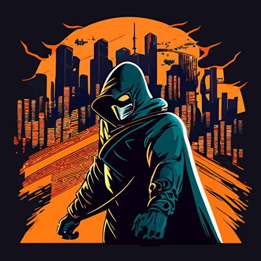 Drawing from the classic superhero comics, design a vector illustration of Satoshi Nakamoto as a masked vigilante, fighting to protect the world of decentralized finance from villains attempting to manipulate the system. Set the scene in a futuristic cityscape.